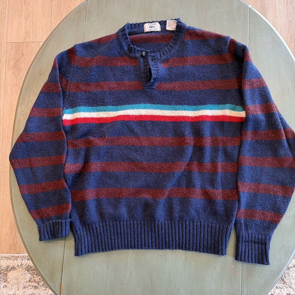 VTG 80s Izod Lacoste Striped Henley Pullover Sweater Navy Maroon Size XL As Is